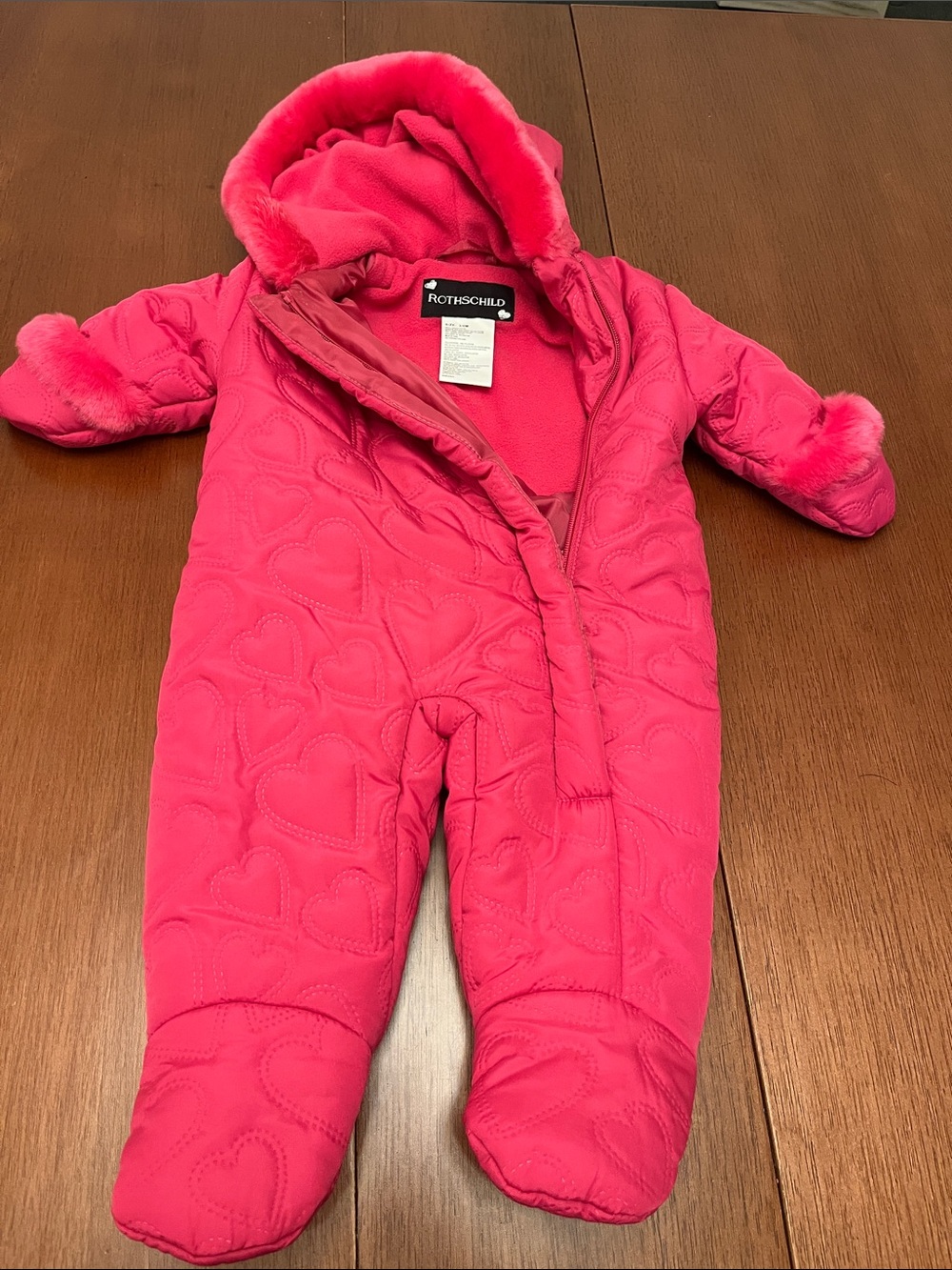 Rothschild Bright Pink Quilted Heart-Pattern Baby One-Piece Snowsuit